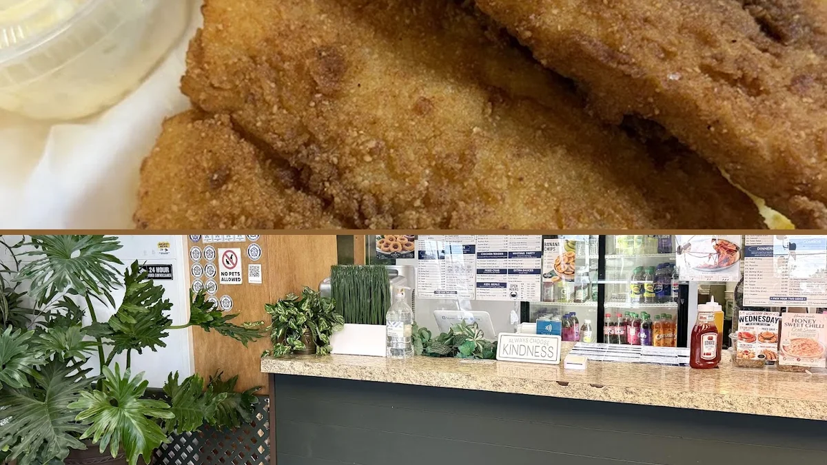 Fried seafood platters on a casual restaurant table.
