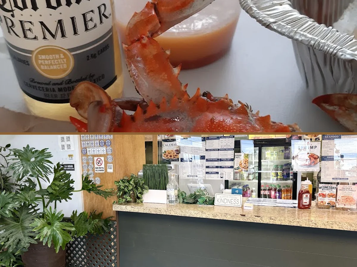 Fried seafood platters on a casual restaurant table.